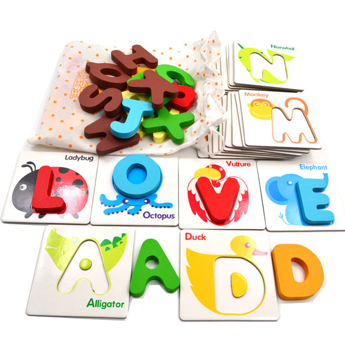 BOHS Wooden Early Education Baby Preschool English Learning ABC Alphabet Letter Cards Cognitive  Toys Animal  Puzzle, 26 pcs