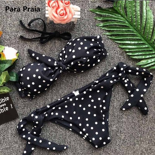 Cute Polka Dot Thong Bikini Sexy Bandeau Brazilian Bikini Set 2018 Bow Swimwear Halter Push Up Swimsuit Beach Bathing Suit May