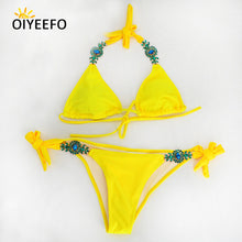 Oiyeefo Shiny Sexy Luxury Rhinestone Bikini Beach Bathers Bathing Suits Women May Yellow Swimwear Female Swimsuit Bandage Plavky
